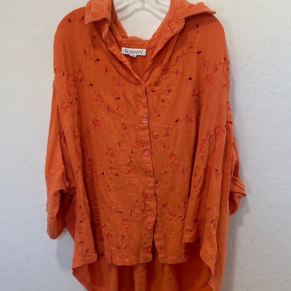 Roaman's Orange button up Embroidery Shirt Women's 3/4 Sleeve Floral Eyelet 3X‎